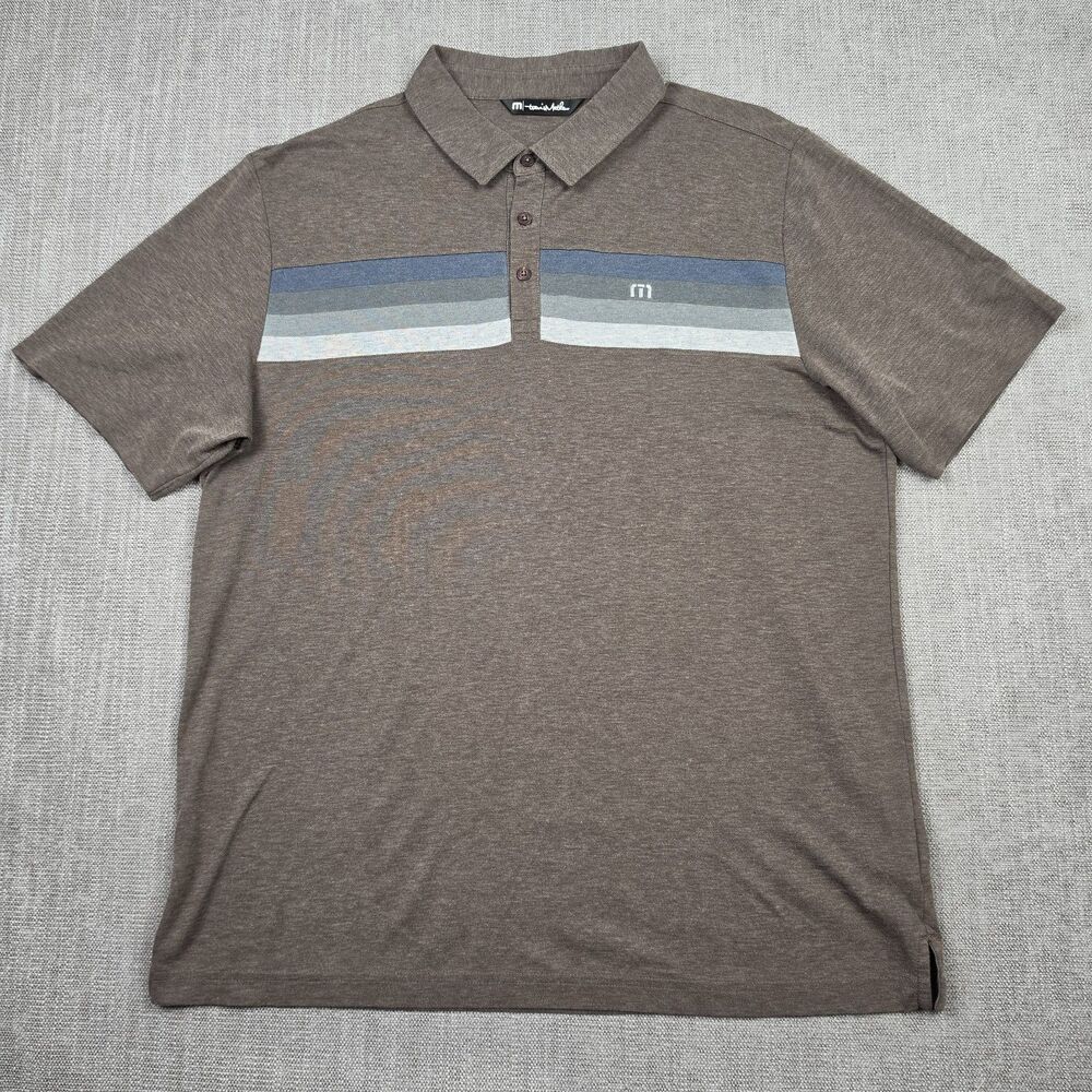 Travis Mathew Mens Polo Shirt XL Brown Heathered Blue Chest Stripe Golf Short
